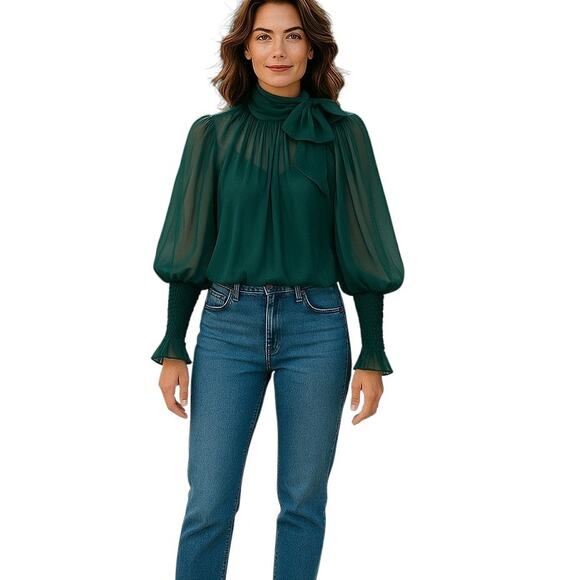 Ulla Johnson Lesli Silk Chiffon Blouse Women's Sz 6 Green Sheer Puff Sleeve Bow - Picture 1 of 14